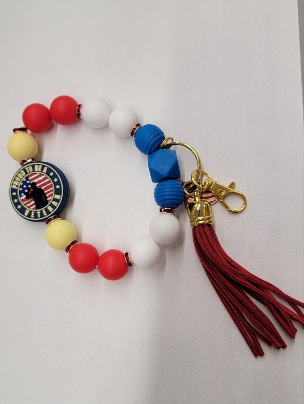 Patriotic Red White Blue Beaded Tassel Keychain Wristlet